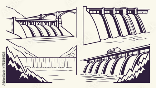 Hydroelectric Power Dams and Bridge Engineering Line Art Illustrations. Water Resource Management and Sustainable Energy Infrastructure Construction Graphics.