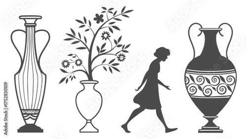Classical Greek Vases, Amphora, Walking Woman Silhouette. Ancient History Art Elements for Education, Cultural Projects, and Elegant Web Design.