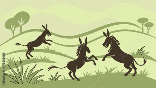 Three Playful Donkeys Frolicking in Green Hilly Landscape Energetic Farm Animals Vector Illustration for Childrens Books and Education