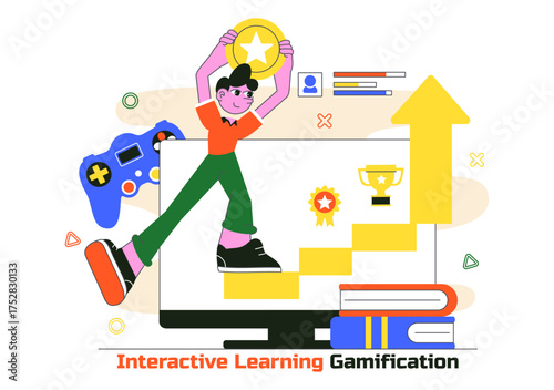 Interactive Learning Gamification Vector Illustration Featuring LMS Interface with Tablet, Book, Game Controller, and Lab Flask in a Flat Background