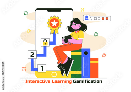Interactive Learning Gamification Vector Illustration Featuring LMS Interface with Tablet, Book, Game Controller, and Lab Flask in a Flat Background