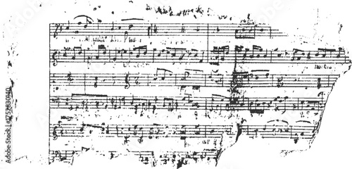 Black and white image of a torn sheet of music with handwritten notes and symbols.