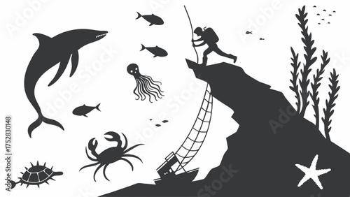 Diver Exploring Underwater Shipwreck and Marine Life Silhouette Illustration for Ocean Adventure, Education, and Marine Conservation