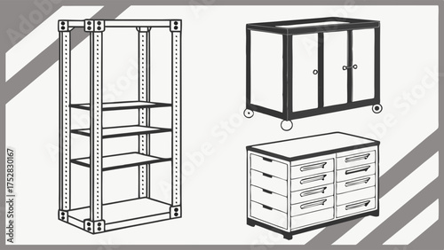 Efficient Storage Furniture Shelving Cabinet Drawers Outline Vector for Office Workshop Home Organization and Business Productivity Design