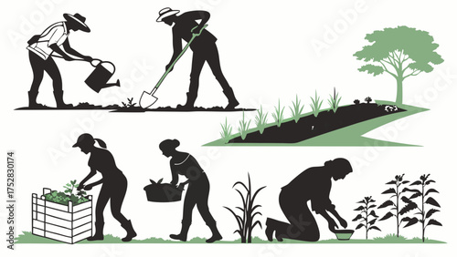 Farmers and Gardeners Planting, Watering, and Harvesting Organic Crops for Sustainable Agriculture and Healthy Food