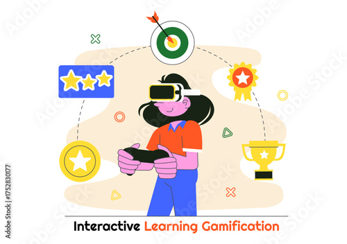 Interactive Learning Gamification Vector Illustration Featuring LMS Interface with Tablet, Book, Game Controller, and Lab Flask in a Flat Background