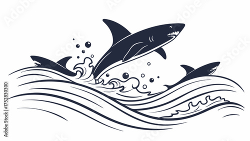 Black and White Line Art Sharks Leaping from Ocean Waves Illustration for Sports Team Logo Marine Apparel and Wildlife Conservation Branding