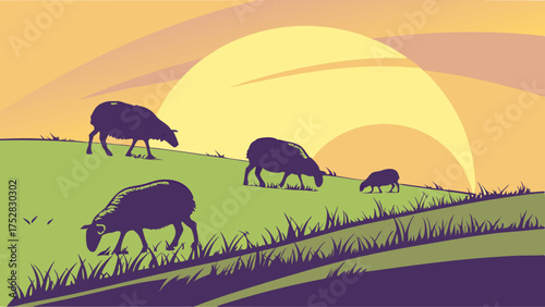 Peaceful Sheep and Lamb Grazing on Green Rolling Hills at Sunset. Idyllic Rural Farm Landscape Vector Art with Animal Silhouettes and Golden Sky for Nature Design