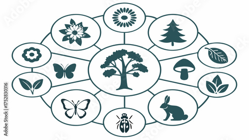 Interconnected Nature Ecosystem Diagram with Tree and Biodiversity Icons for Environmental Education and Sustainable Growth