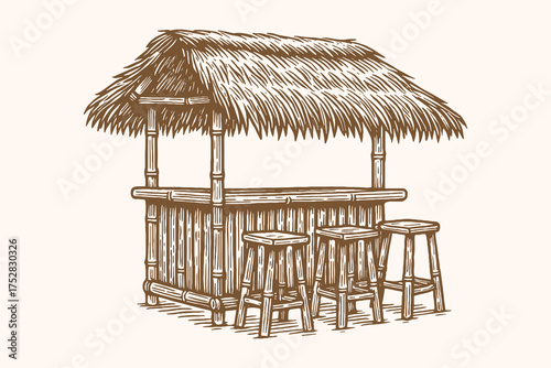 Tiki bamboo bar with stools vintage hand drawn vector illustration