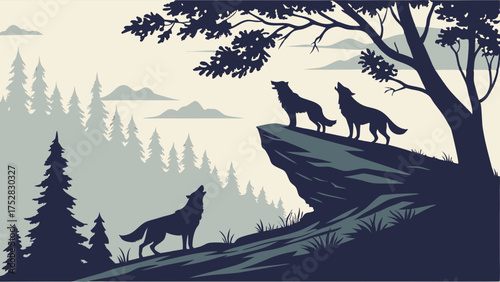 Powerful Wolf Pack Howling on Cliff in Wilderness Silhouette for Nature Wildlife Leadership and Freedom Marketing