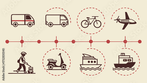 Logistics and Delivery Timeline Icons. Global Transportation Methods for Shipping, E-commerce, Freight, and Urban Mobility Infographic Design.