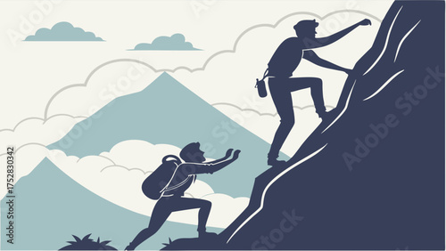 Two Determined Men Climbing a Steep Mountain One Helping the Other Symbolizing Teamwork Leadership and Overcoming Business Challenges for Success and Growth