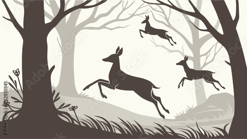 Wild Deer Running Leaping Through Tranquil Forest Landscape Wildlife Silhouette