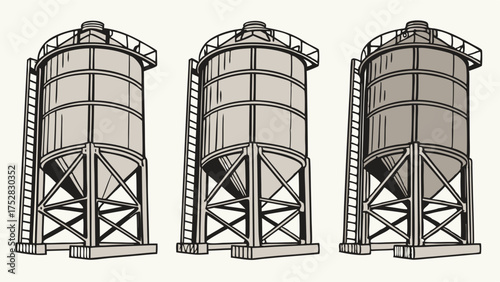 Industrial Silos for Bulk Material Storage Grain Cement Manufacturing Plant Infrastructure Supply Chain Logistics Production Facilities Illustration