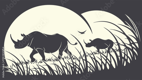 Powerful African Rhinoceros Mother and Calf Walking in Tall Grass Silhouette for Wildlife Conservation Design