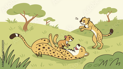 Happy Cheetah Family Playing in Wild Savanna. Mother and Cute Cubs Bonding for Wildlife Education, Children's Content, and Nature Conservation.