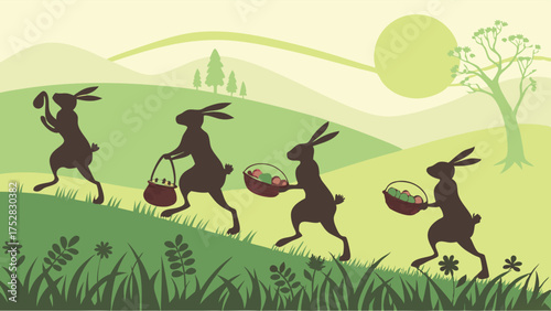 Playful Easter Bunnies Carrying Baskets Uphill on Green Spring Landscape for Family Holiday Egg Hunt Event Marketing