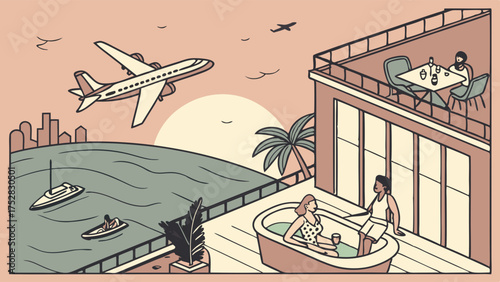 Dream Luxury Vacation: Couple Relaxing on Balcony, Dining on Rooftop with City Ocean View, Airplane Flying at Sunset