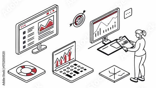 Woman Analyzing Business Data on Screens for Digital Marketing Strategy and Financial Growth Planning