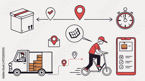 Modern Urban E-commerce Delivery. Fast Logistics and Last Mile Shipping with Truck, Scooter, and Mobile App for Online Order Tracking.