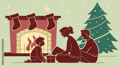 Happy Family Celebrating Christmas Unwrapping Gifts by Fireplace and Tree Festive Holiday Season Illustration