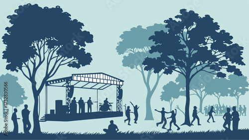 Happy Crowd Enjoying Outdoor Summer Music Festival with Live Band on Stage in Park Silhouette Illustration