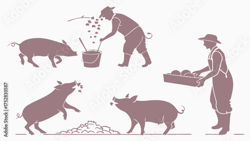 Traditional Farming Silhouettes Farmer Feeding Pigs Raising Livestock and Harvesting Produce Rural Agriculture Sustainable Food Animal Care