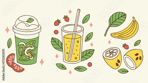 Refreshing Summer Smoothies and Fresh Fruit Juice Illustration with Banana Strawberry Lemon for Wellness Marketing and Cafe Menu