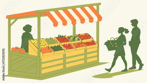 Outdoor Farmers Market Stall with Fresh Organic Fruits and Vegetables Happy Shoppers Buying Local Produce Healthy Lifestyle Small Business Retail