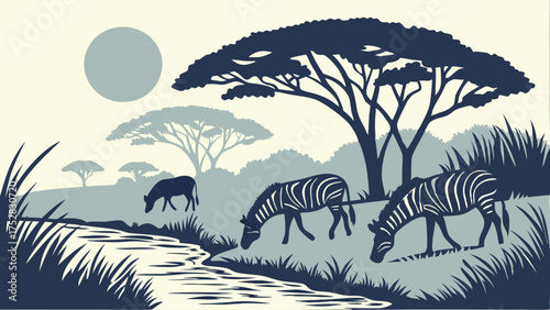 African Safari Landscape with Wild Zebras Grazing by a Tranquil River and Acacia Trees Silhouette for Travel and Nature Conservation Design
