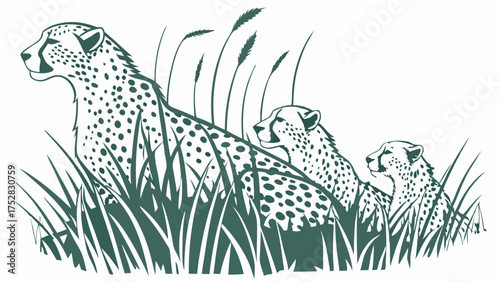 Cheetah Family Illustration in Tall Grass for Wildlife Conservation Nature Education and Safari Travel Design