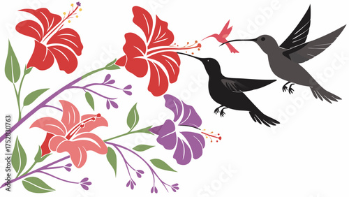 Flying Hummingbirds Feeding Vibrant Colorful Hibiscus Flowers Tropical Garden Wildlife Pollination Nurturing Nature Ecosystem