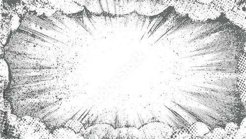 Monochrome explosion burst with radiating lines and scattered dots creating a dynamic graphic effect