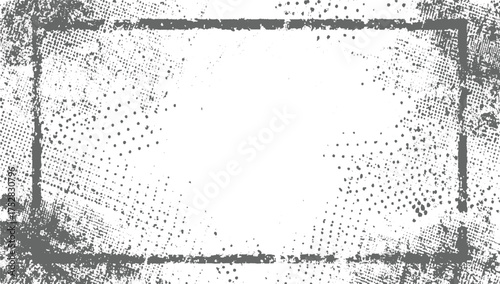 A grey distressed frame with a halftone dot pattern and grunge texture on a white background.