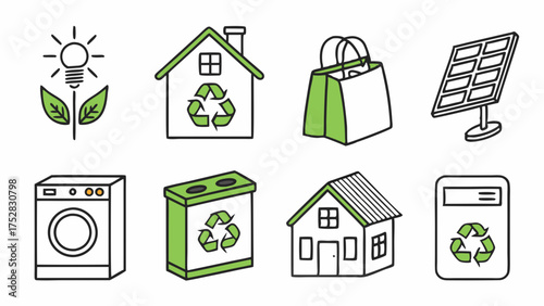 Eco-Friendly Icons Green Energy Recycling Sustainable Home Living for Environment Protection Marketing and Web Design