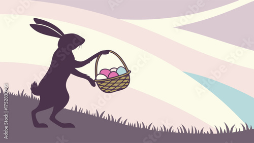Easter Bunny Silhouette Carrying Basket of Colorful Eggs Uphill for Spring Holiday Marketing and Kids Egg Hunt Promotion