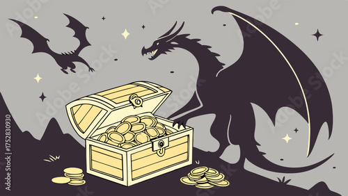 Fierce Dragon Silhouette Guarding Hoard of Gold Coins in Open Treasure Chest on Dark Fantasy Landscape for Adventure Games and Financial Security