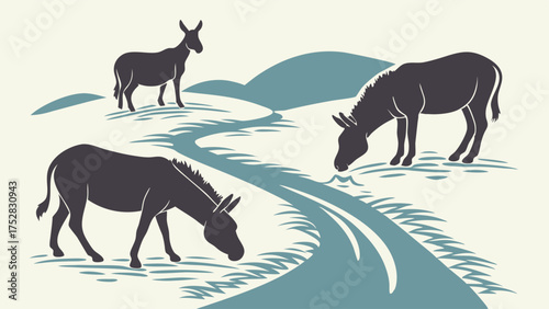 Three Donkeys Grazing in Peaceful Rural Landscape with Winding Path. Rustic Countryside Scene for Nature, Travel, and Farm Life.