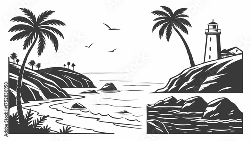 Vintage Tropical Beach Vector Illustration with Palm Trees and Lighthouse. Serene Ocean Waves and Coastal Rocks for Summer Travel and Vacation Design.