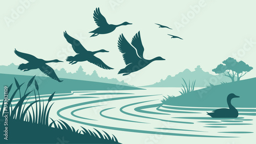 Wild Geese Flying in V Formation Over Winding River with Swimming Duck in Serene Nature Landscape for Teamwork Leadership and Environmental Design