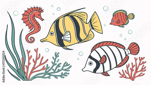 Vibrant Tropical Fish Seahorse and Marine Life Illustration. Underwater Ocean Animals and Coral Reef for Kids Education, Summer Vacation, Beach Theme, and Aquatic Design Projects.