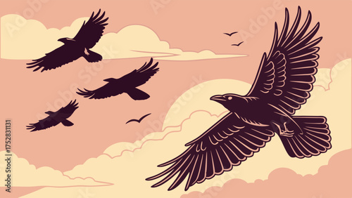 Majestic Black Ravens Soaring in Cloudy Sky at Dawn Symbolizing Leadership Freedom and Business Growth