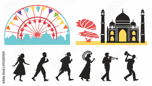 Global Travel and Cultural Events Vector Silhouettes Featuring Iconic Taj Mahal Ferris Wheel Diverse People and Musicians for Festivals Tourism