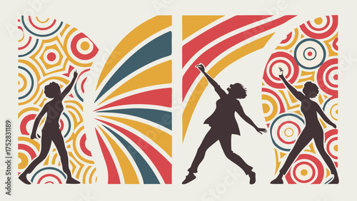 Energetic Women Dancing Silhouettes with Vibrant Geometric Patterns Celebrating Joy Diversity and Empowerment for Creative Projects