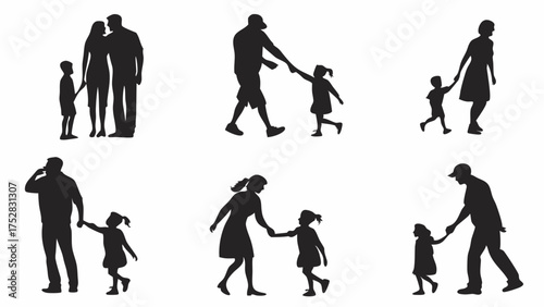 Happy Family Silhouettes Parents and Children Walking Hand in Hand Love Care Support Guidance Parenthood Childhood Connection
