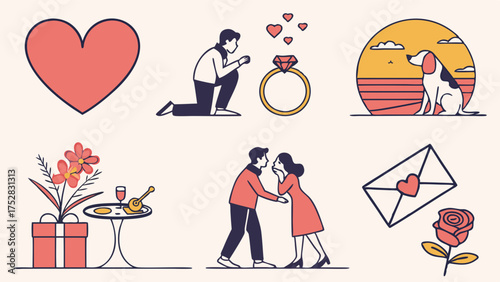 Romantic Love Relationship Icons Set Flat Design Valentine's Day Couple Proposal Engagement Gifts Pet Affection Web Marketing