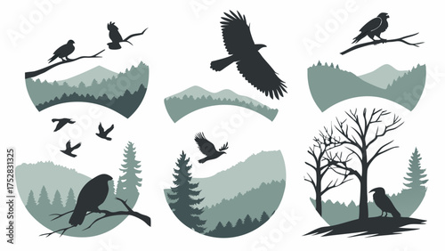 Wildlife Nature Silhouette Vector Set Birds Flying Mountains Forest Trees Minimalist Design Icons for Environmental Branding Outdoor Adventure Travel Websites