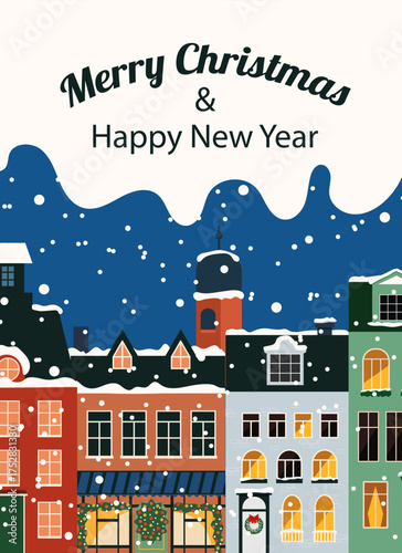 Snowy Christmas town greeting card with festive houses. Christmas winter houses landscape city