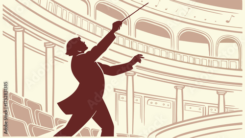 Professional Conductor Directing Orchestra in Grand Concert Hall. Artistic Leadership, Music Performance, Cultural Event Promotion
